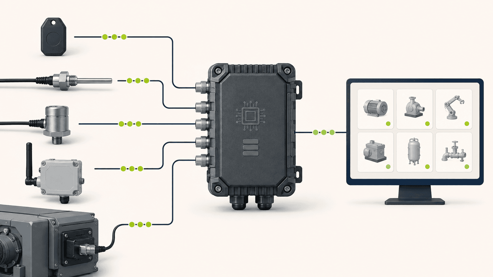 Generated illustration of industrial sensors and protocols feeding an edge gateway and asset-management application