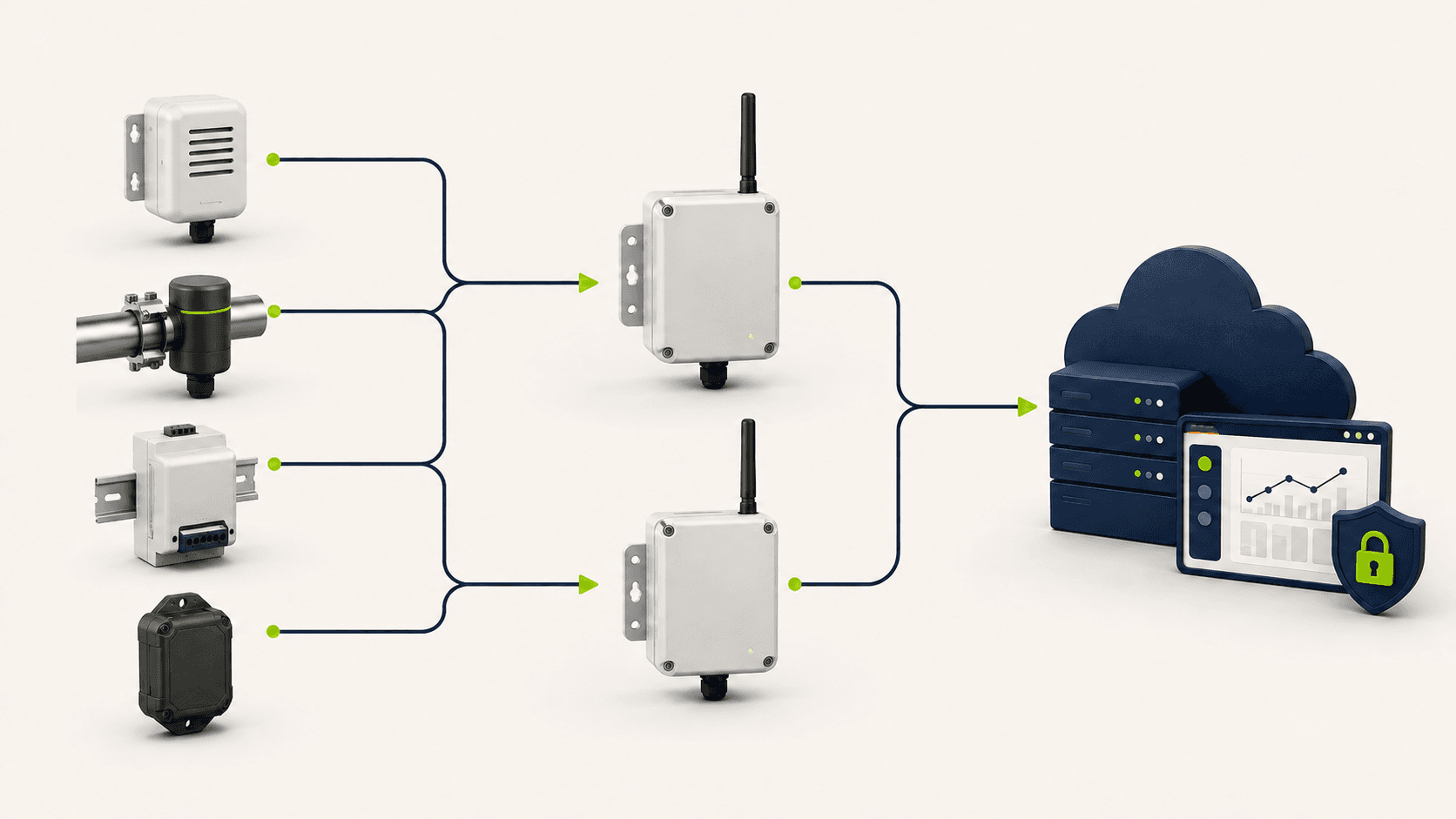 Generated illustration of LoRaWAN field devices sending data through gateways to an application